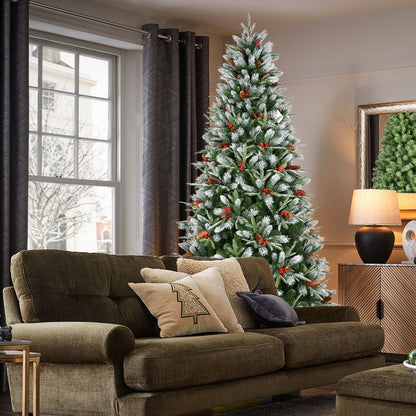 7.5-Foot Snow-Tipped Woodland Christmas Tree HouseOfZazla with needles and red berries on Tampa Home & Garden Store