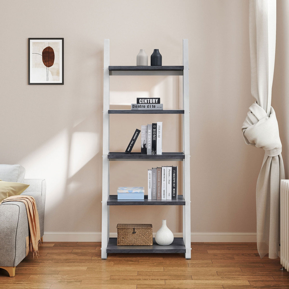 5-Tier ladder shelf with grey & white rubber wood frame displaying books and vases on Tampa Home & Garden Store
