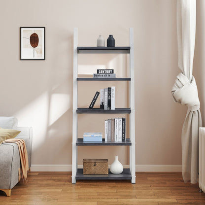 5-Tier ladder shelf with grey & white rubber wood frame displaying books and vases on Tampa Home & Garden Store