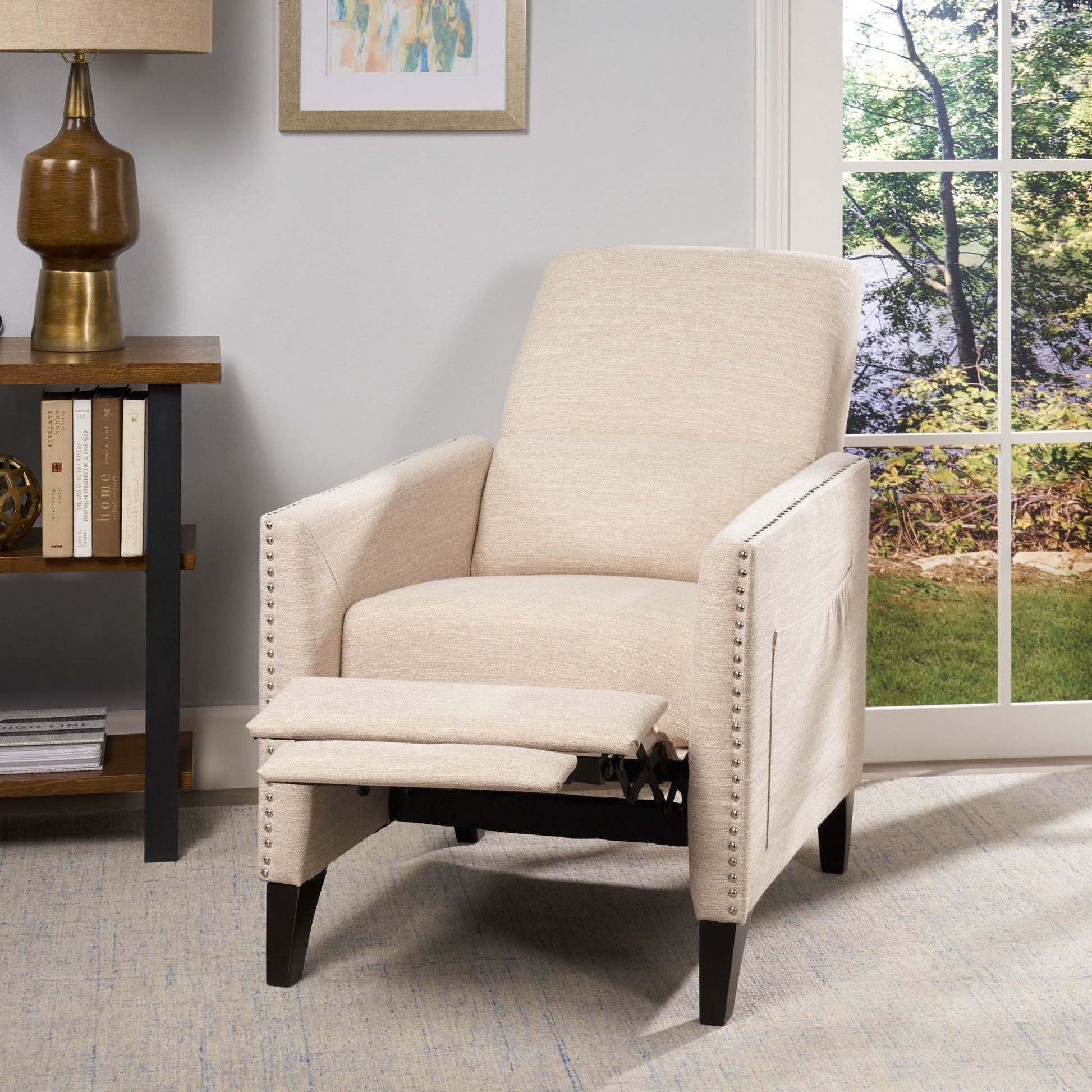 Kiersten Contemporary Fabric Pushback Recliner beige upholstery with dark wood legs on Tampa Home & Garden Store