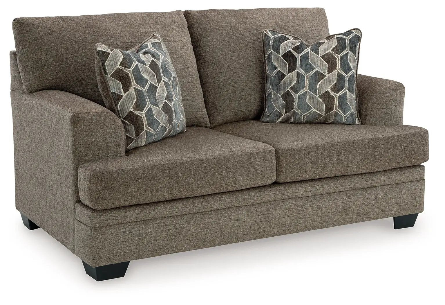 Stonemeade living room set in taupe with blue geometric pillows by Unique Piece Furniture on Tampa Home & Garden Store