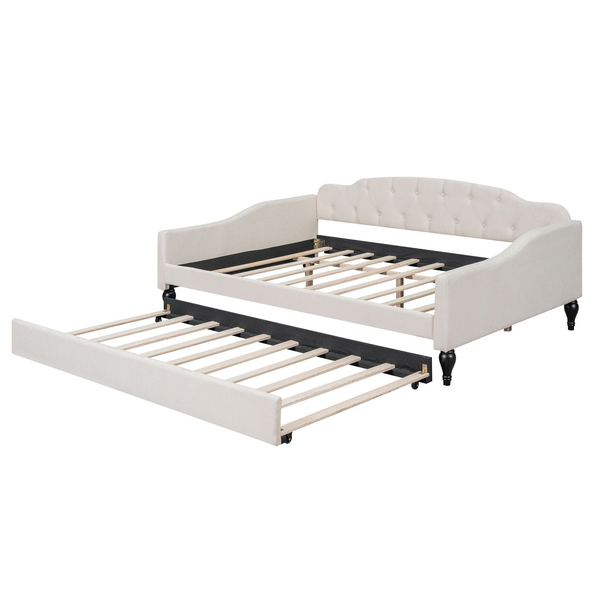 Upholstered tufted daybed in cream fabric with headboard and wood slats HouseOfZazla on Tampa Home & Garden Store