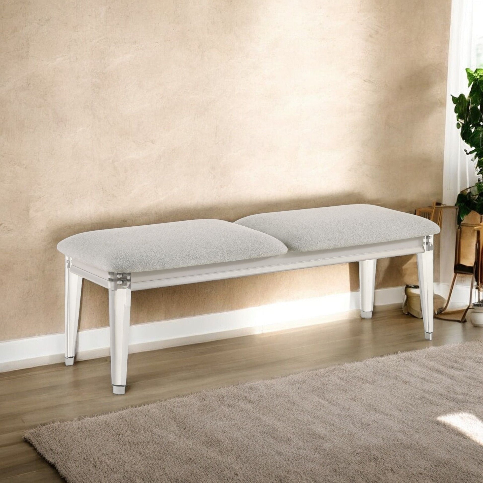 Laveda Boucle Bench pair in light gray boucle fabric with white legs by HouseOfZazla on Tampa Home & Garden Store