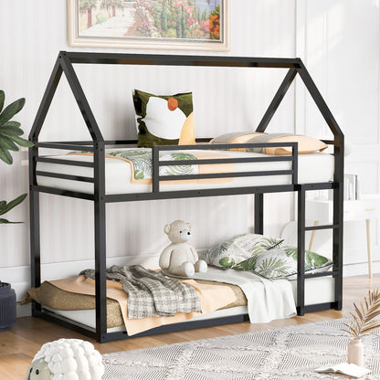 House Bunk Bed With Built In Ladder black metal frame, two-tier bunk bed in a cozy room on Tampa Home & Garden Store