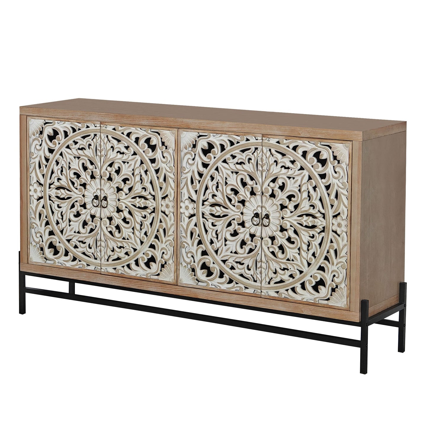 4 Door Wood Cabinet by HouseOfZazla with vintage carved wood panels and metal base on Tampa Home & Garden Store