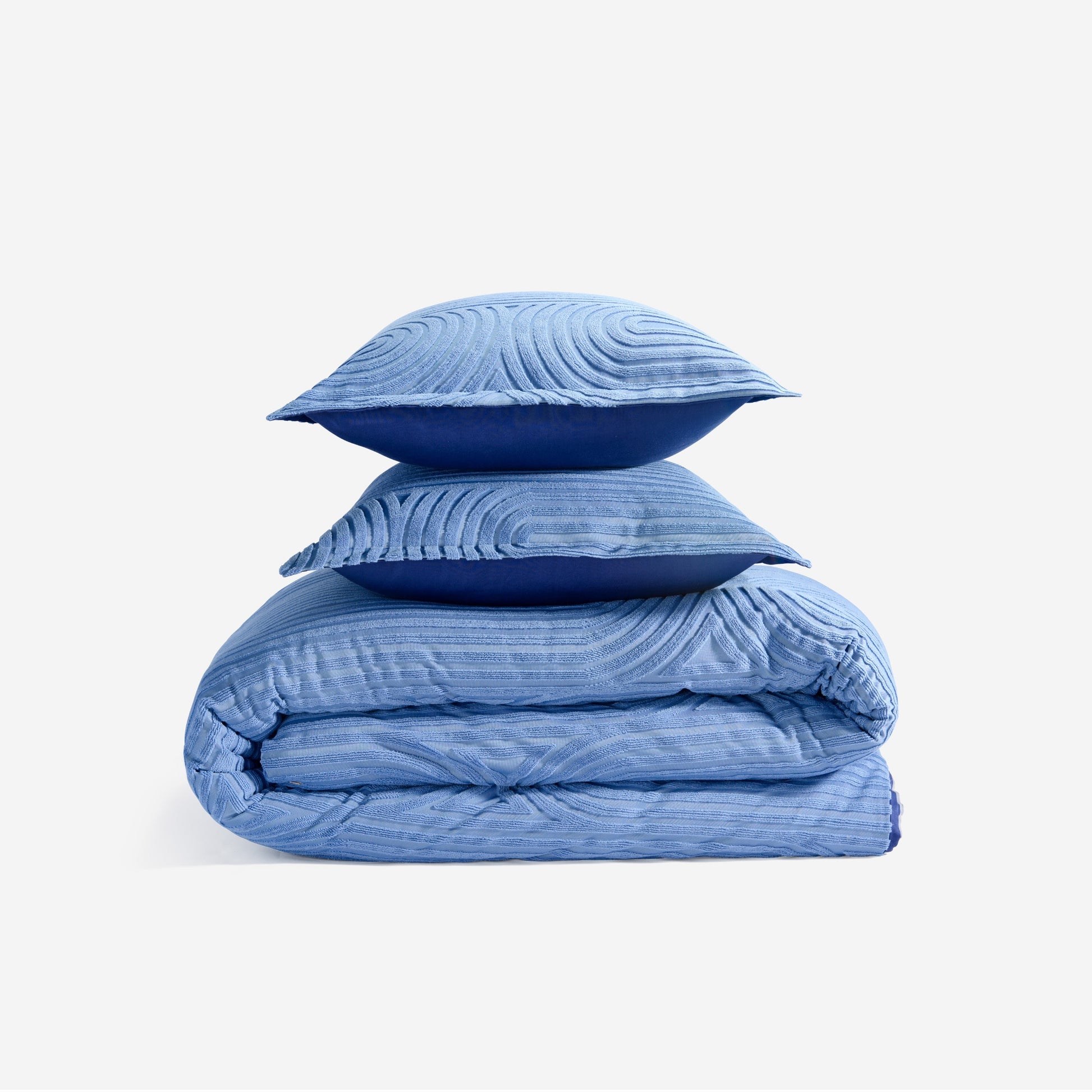 BedGear Performance Duvet Set Queen stonewash blue Racetrack, three stacked blue pillows on Tampa Home & Garden Store