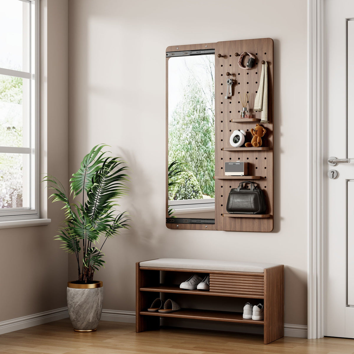 Full Length Wall Mounted Mirror with Shelf and Hook in dark brown wood by HouseOfZazla on Tampa Home & Garden Store