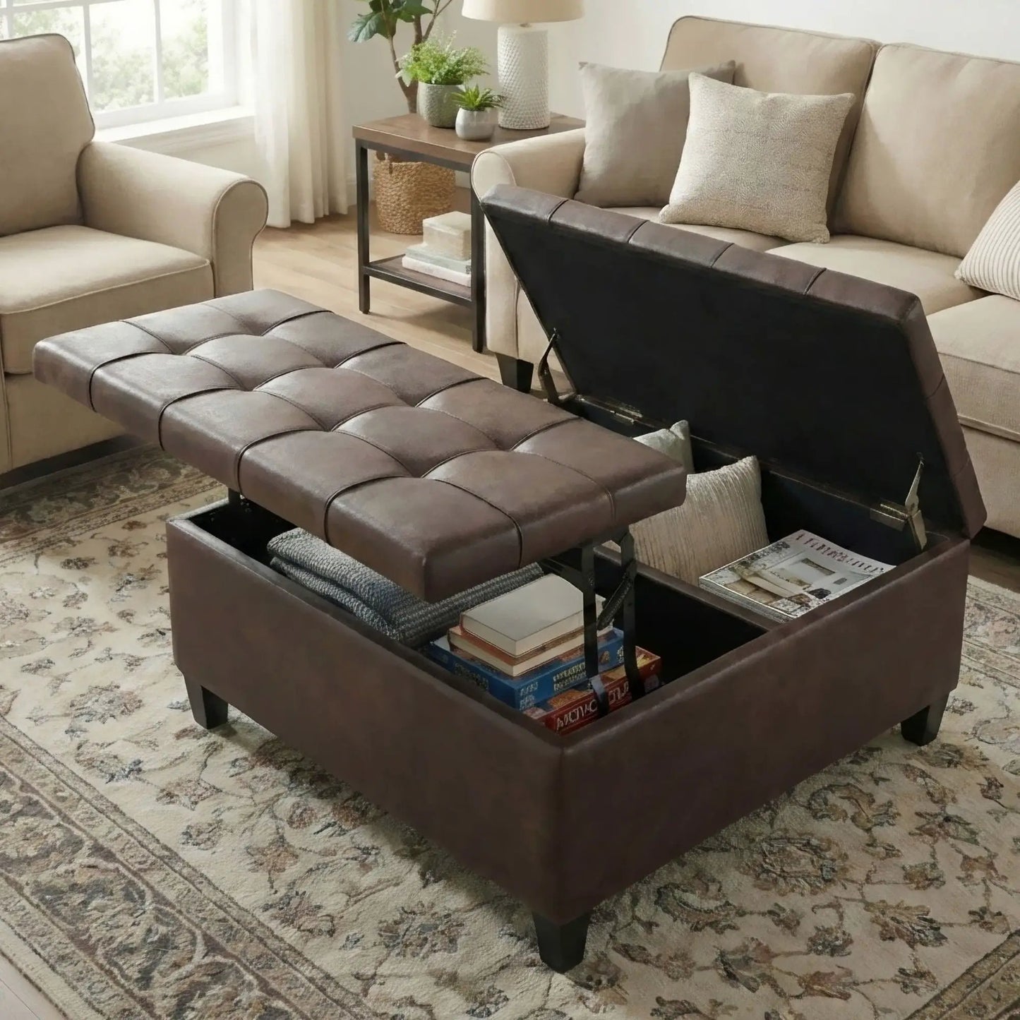 Harrison Coffee Table Storage Ottoman in brown leather with tufted lid and built-in storage on Tampa Home & Garden Store