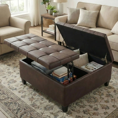 Harrison Coffee Table Storage Ottoman in brown leather with tufted lid and built-in storage on Tampa Home & Garden Store