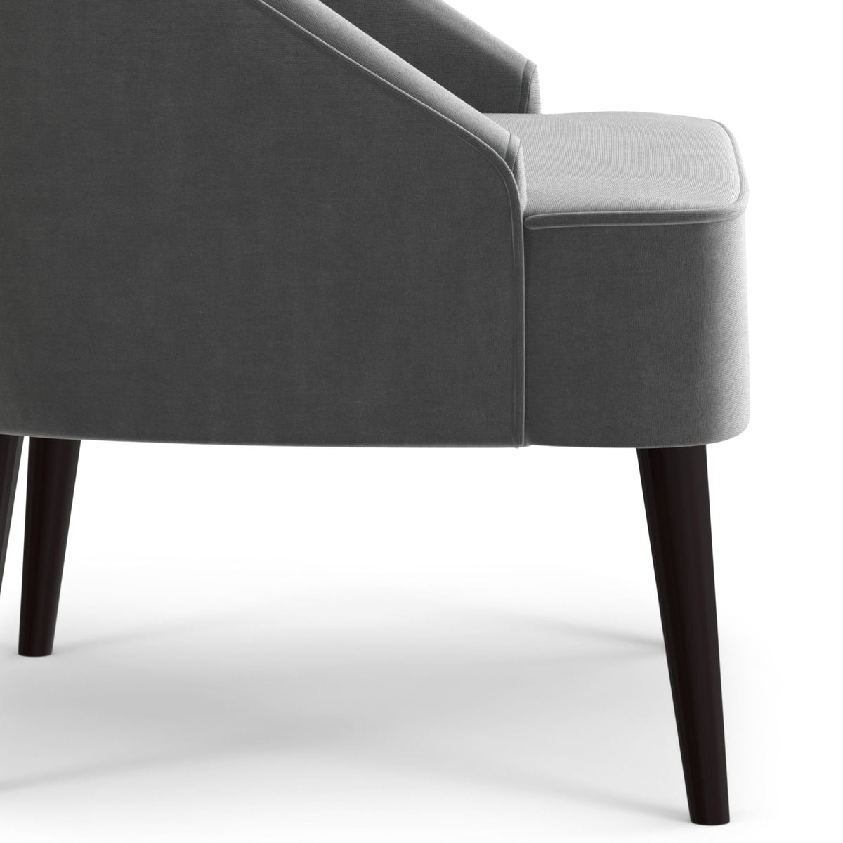 Upholstered Accent Chair with Curved Back in grey fabric, piped edges, dark wood legs on Tampa Home & Garden Store