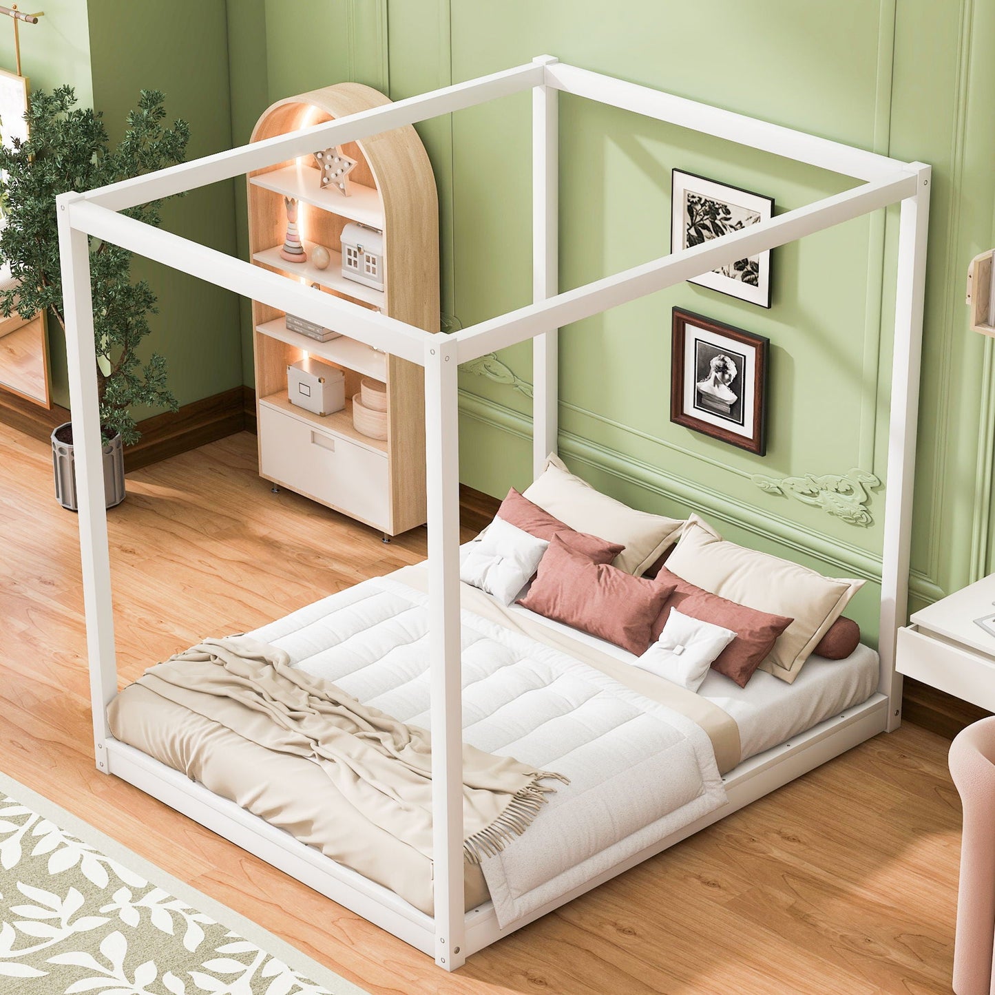 Wood canopy platform bed white with airflow slats and support legs, twin beds by HouseOfZazla on Tampa Home & Garden Store