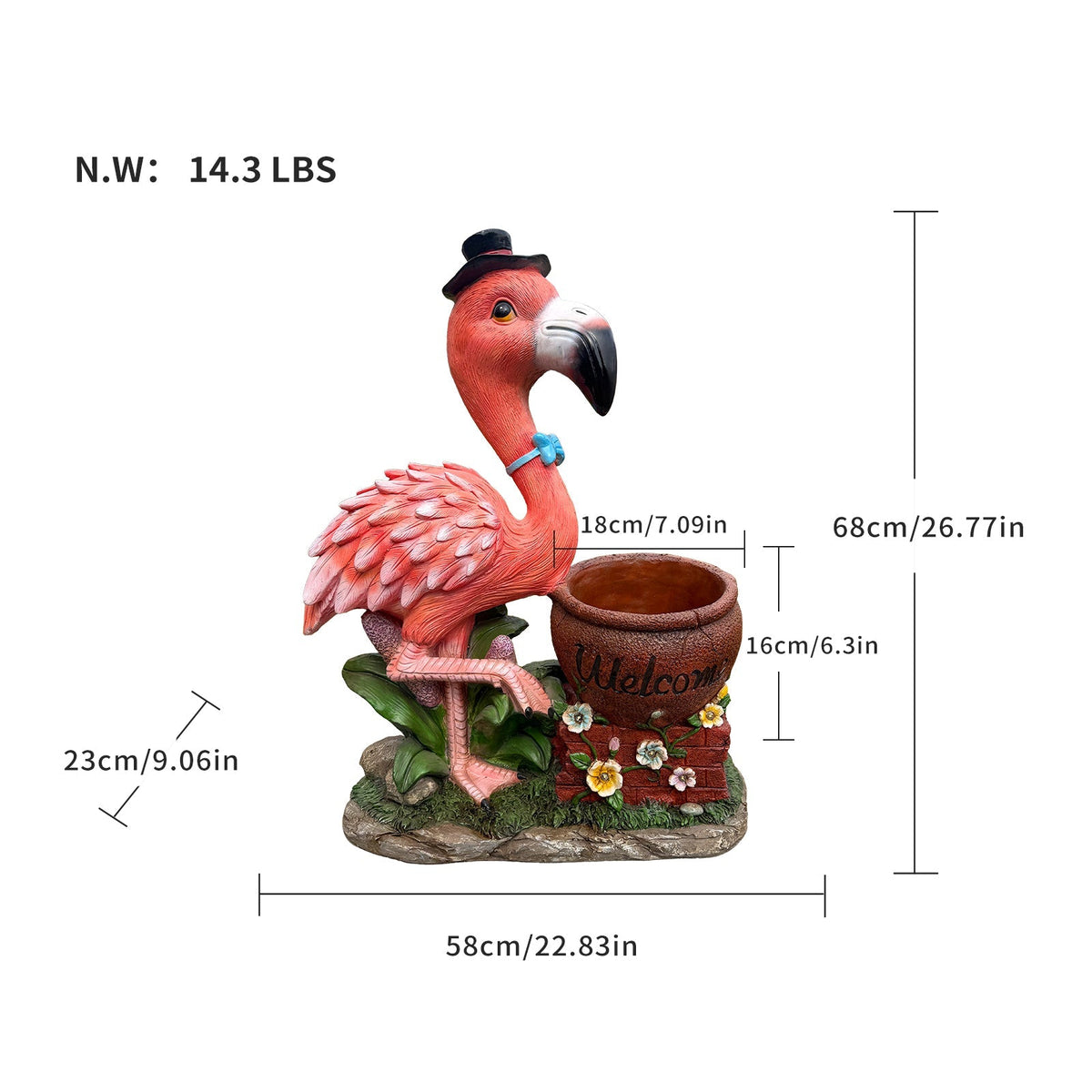 Outdoor Flamingo Flower Pot Planter garden sculpture by HouseOfZazla, pink bird with blue bow on Tampa Home & Garden Store