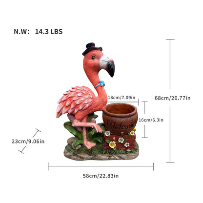 Outdoor Flamingo Flower Pot Planter garden sculpture by HouseOfZazla, pink bird with blue bow on Tampa Home & Garden Store