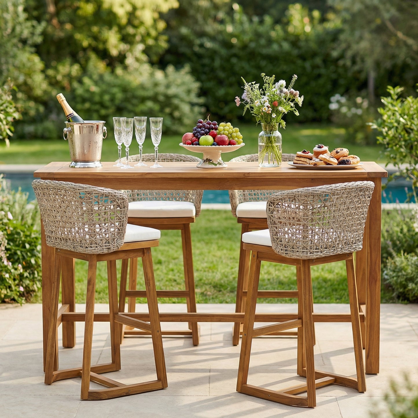 Outdoor Acacia Wood Bar Stools with Cushions Set of 4, white cushions around a wooden table on Tampa Home & Garden Store