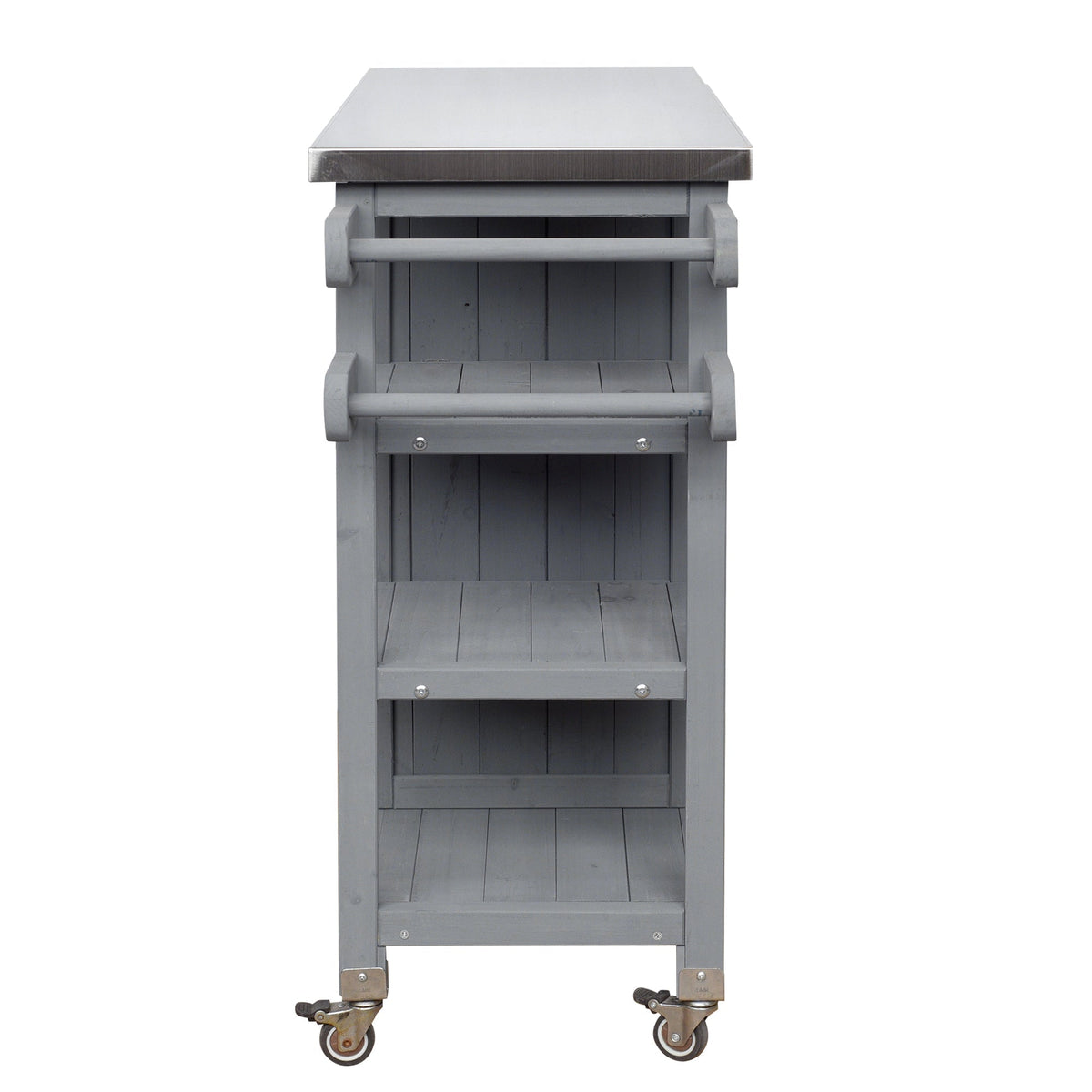 Foldable outdoor kitchen island cart, gray wood with stainless steel top and caster wheels on Tampa Home & Garden Store