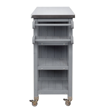 Foldable outdoor kitchen island cart, gray wood with stainless steel top and caster wheels on Tampa Home & Garden Store