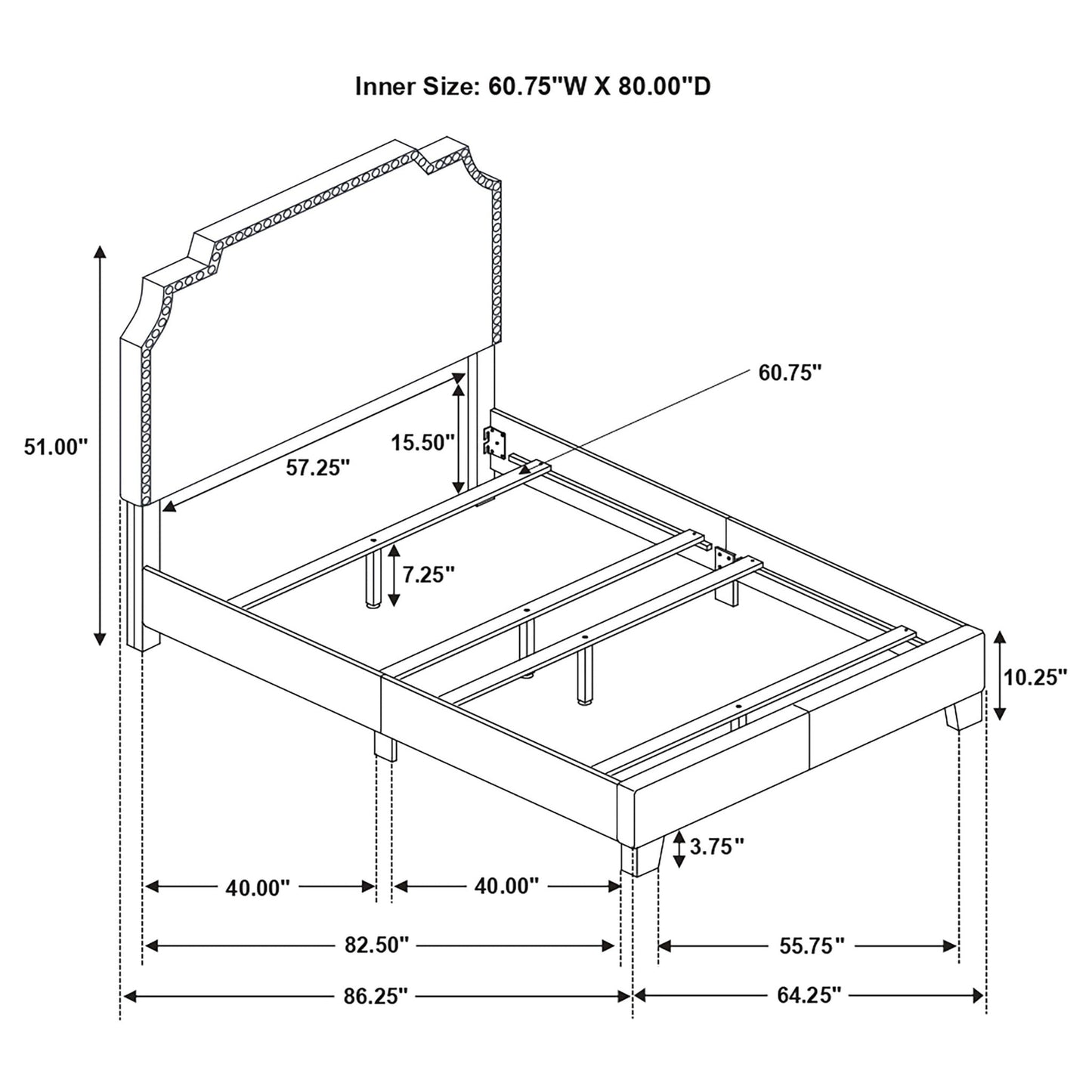 Panel bed with upholstered headboard and nailhead trim by HouseOfZazla, diagram with dimensions on Tampa Home & Garden Store