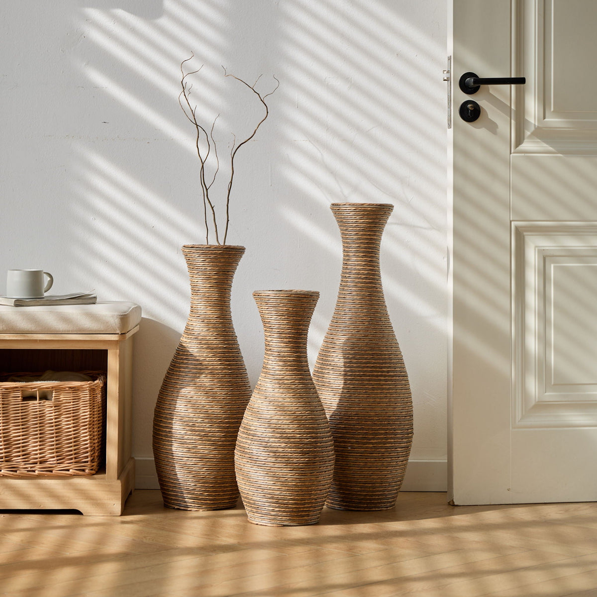 3-piece beige artificial rattan floor vase set by HouseOfZazla, modern artistic wicker floor sculptures on Tampa Home & Garden Store