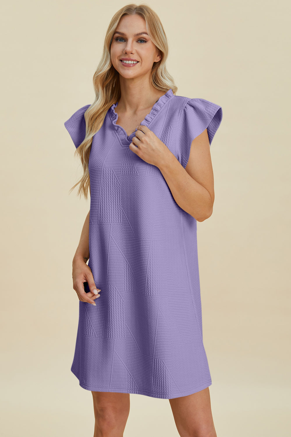 Ruffled V-neck cap sleeve dress in lavender, knee-length on Tampa Home & Garden Store
