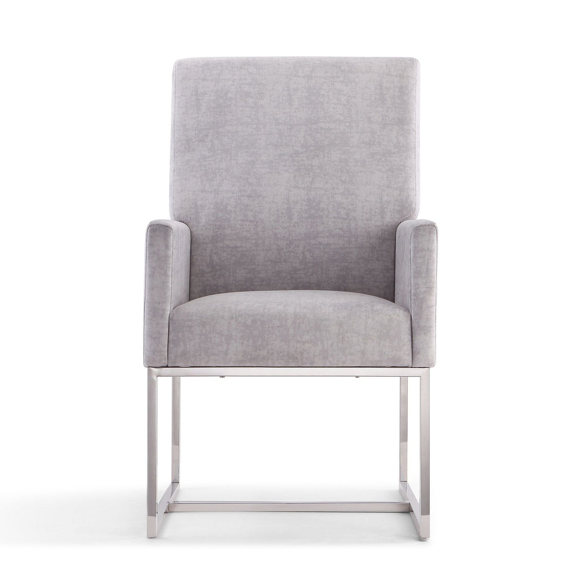 Element Dining Arm Chair by HouseOfZazla, grey upholstered high-back with chrome metal base on Tampa Home & Garden Store