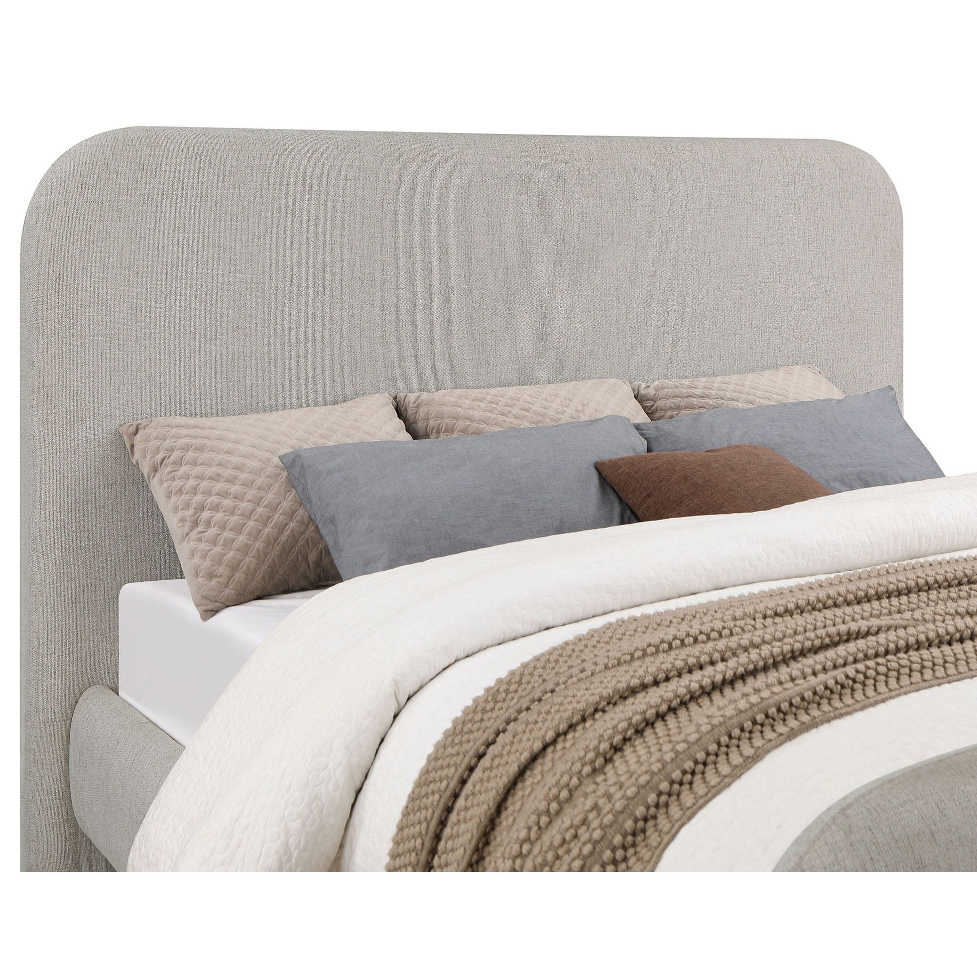 Kendra platform bed upholstered in light beige fabric with rounded headboard HouseOfZazla on Tampa Home & Garden Store