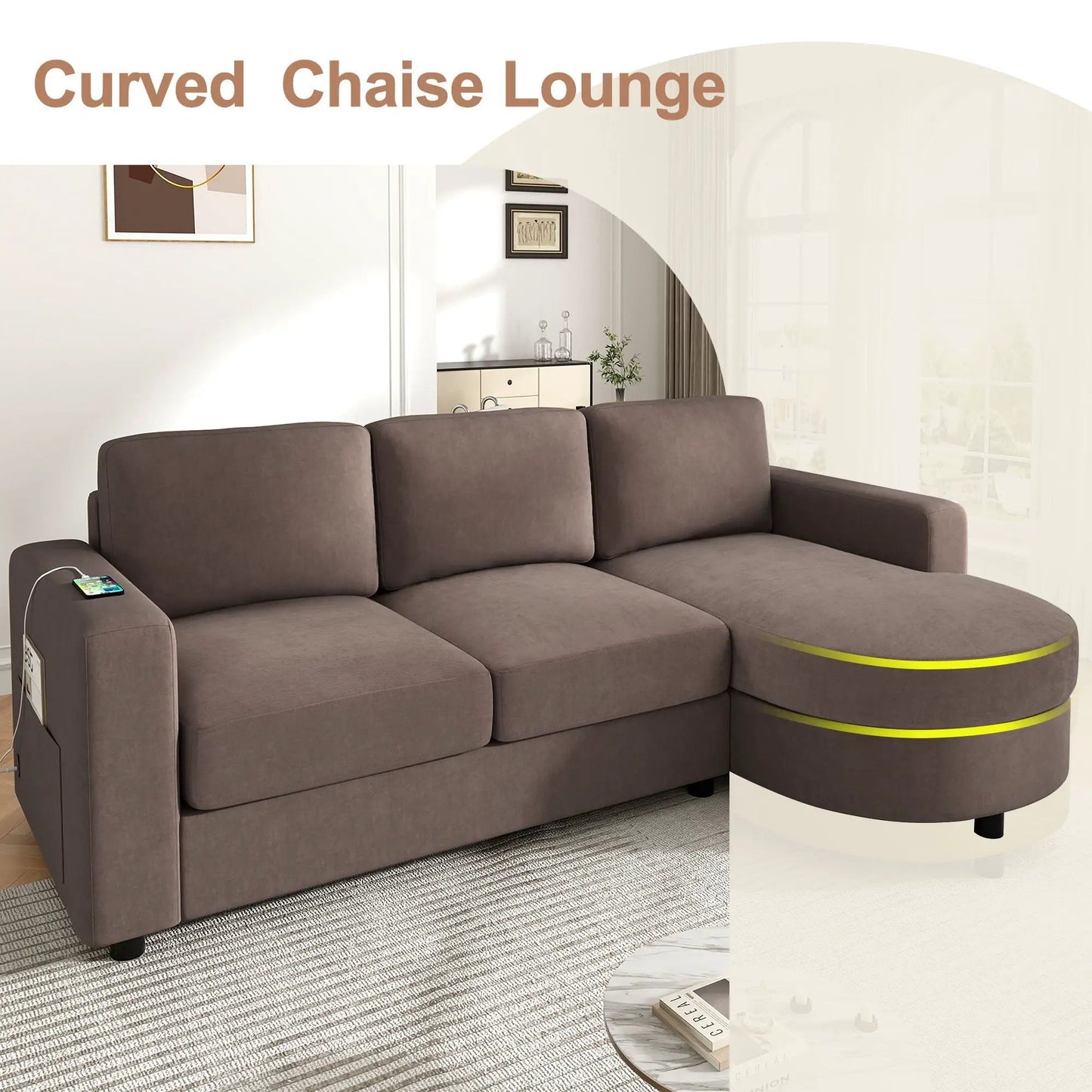L-shaped sectional sofa with curved brown chaise and USB ports by Unique Piece Furniture on Tampa Home & Garden Store