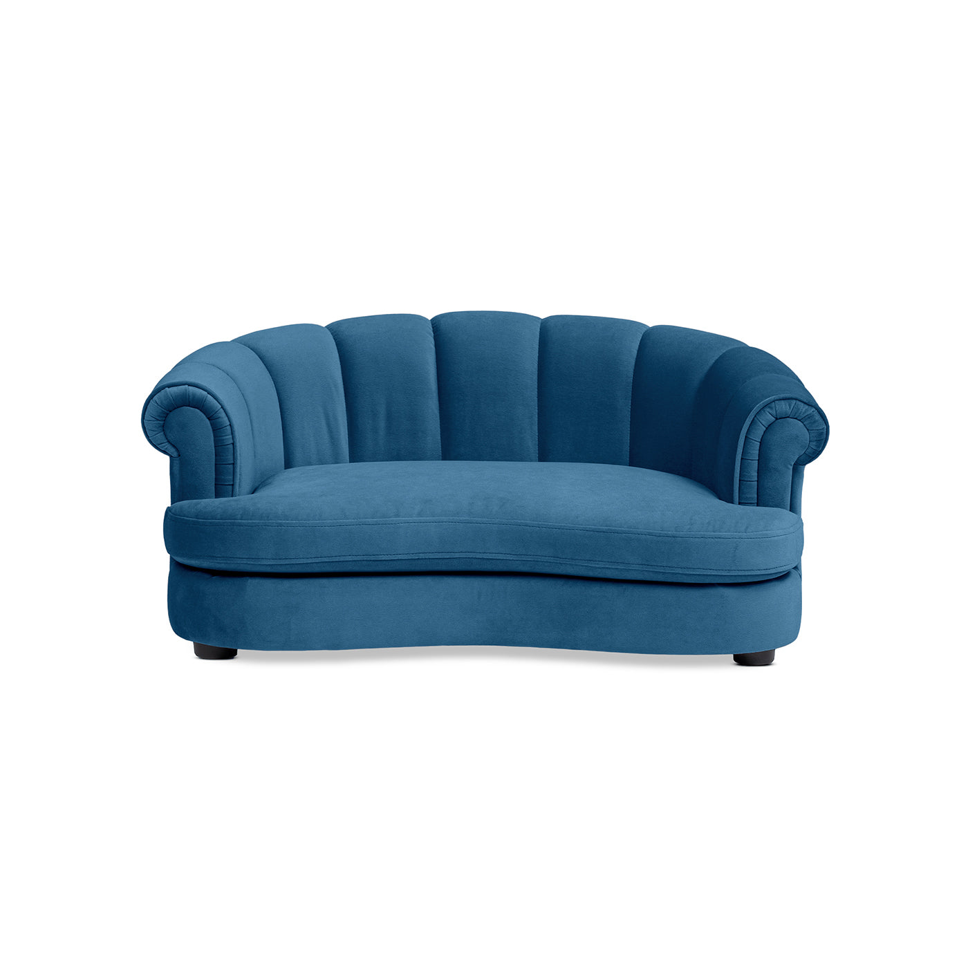 HouseOfZazla Halle 35.5in rolled arm channel-tufted dog sofa bed, medium, blue satin upholstery on Tampa Home & Garden Store