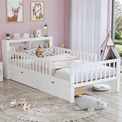 White storage bed with headboard rack, 2 under-bed drawers, 3 side guardrails for safety on Tampa Home & Garden Store