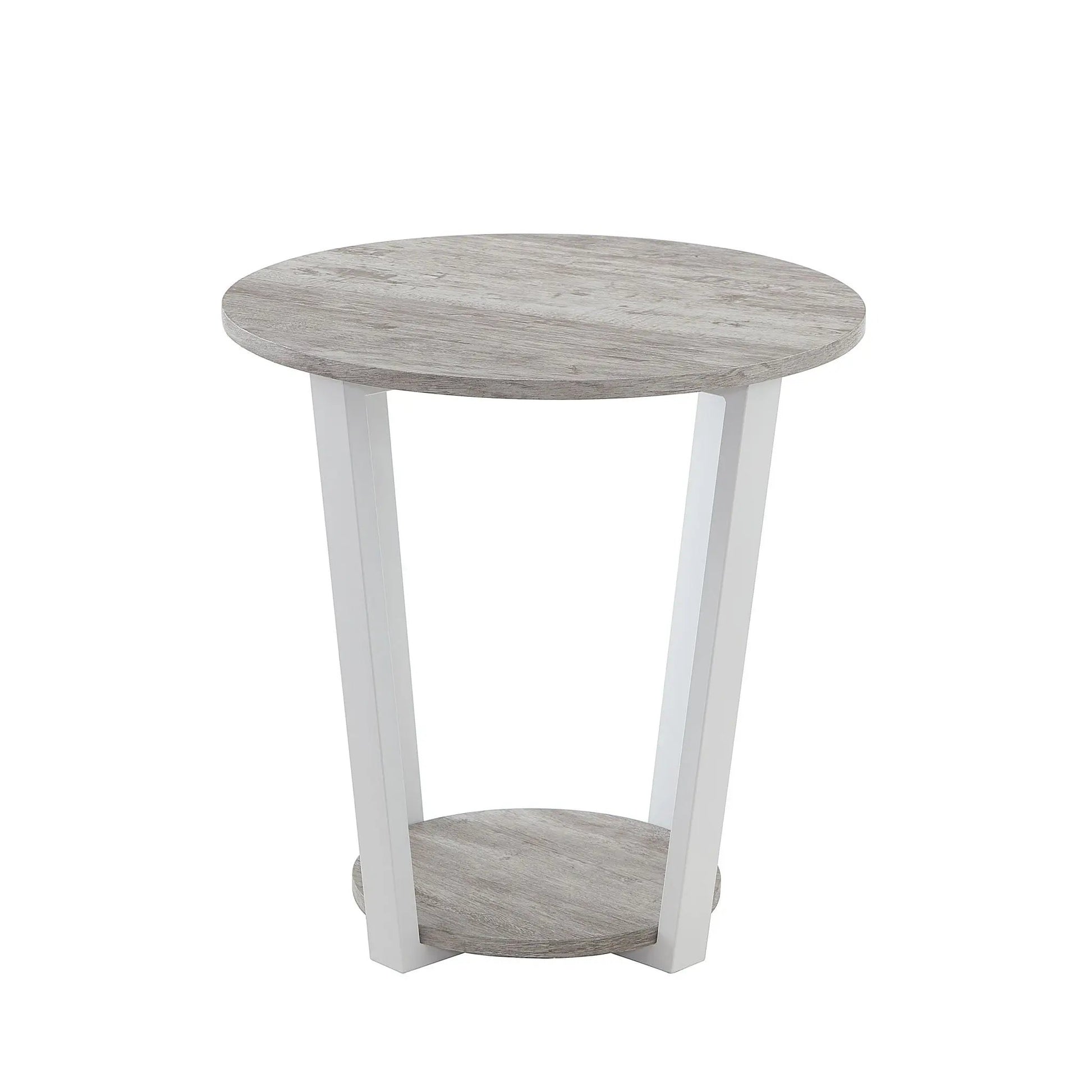 Elysian round end table with shelf, gray wood top and white legs, Unique Piece Furniture on Tampa Home & Garden Store