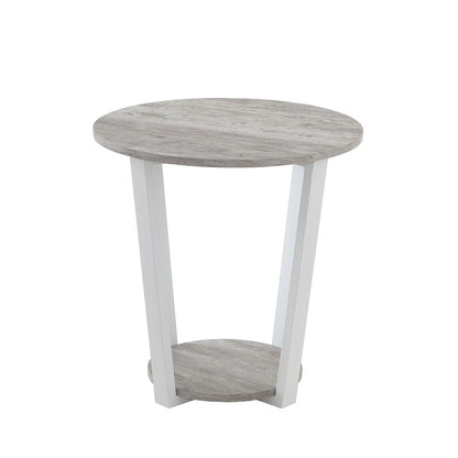 Elysian round end table with shelf, gray wood top and white legs, Unique Piece Furniture on Tampa Home & Garden Store