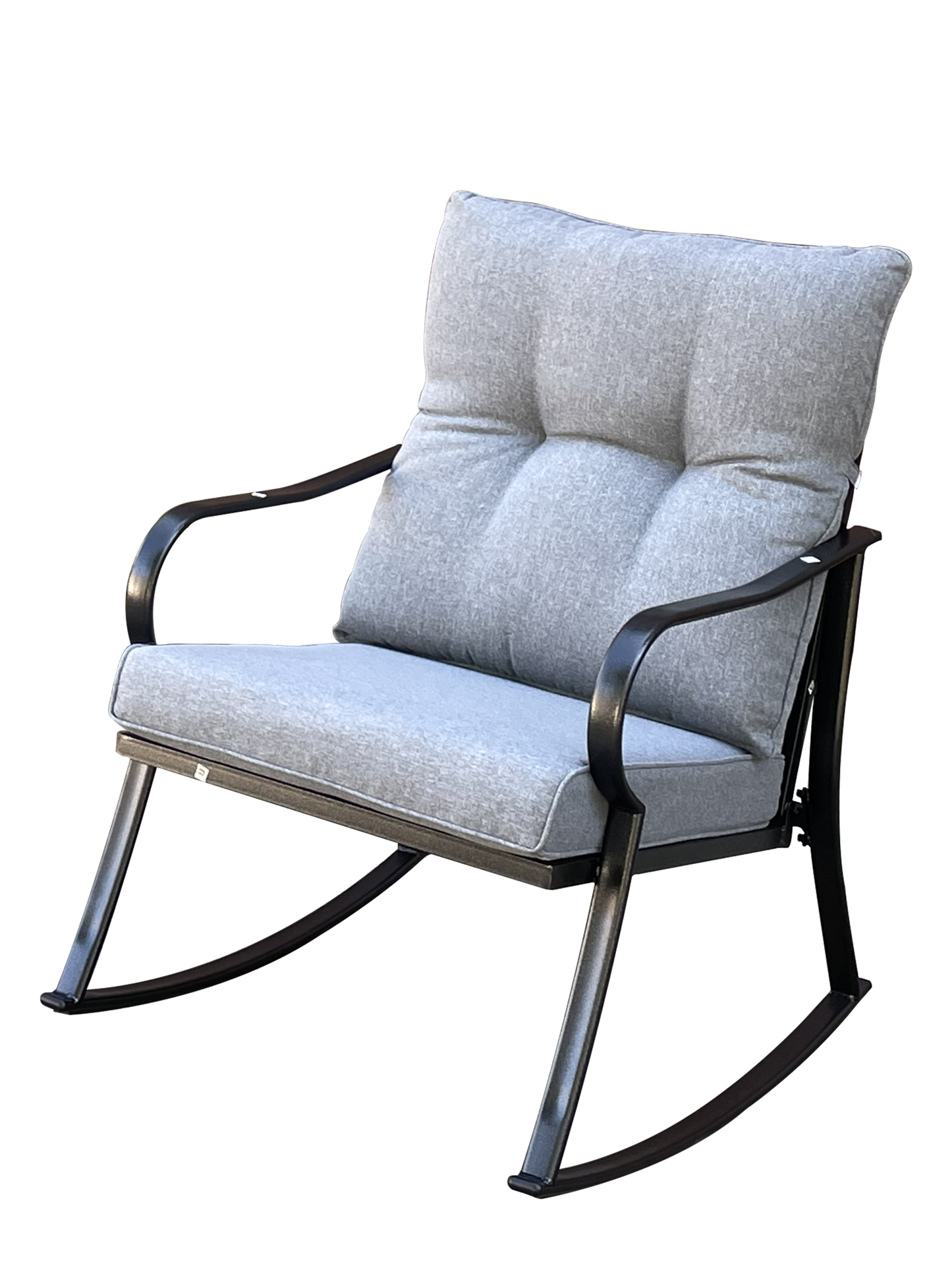 Rocking chair with medium grey cushions, curved metal armrests by HouseOfZazla on Tampa Home & Garden Store