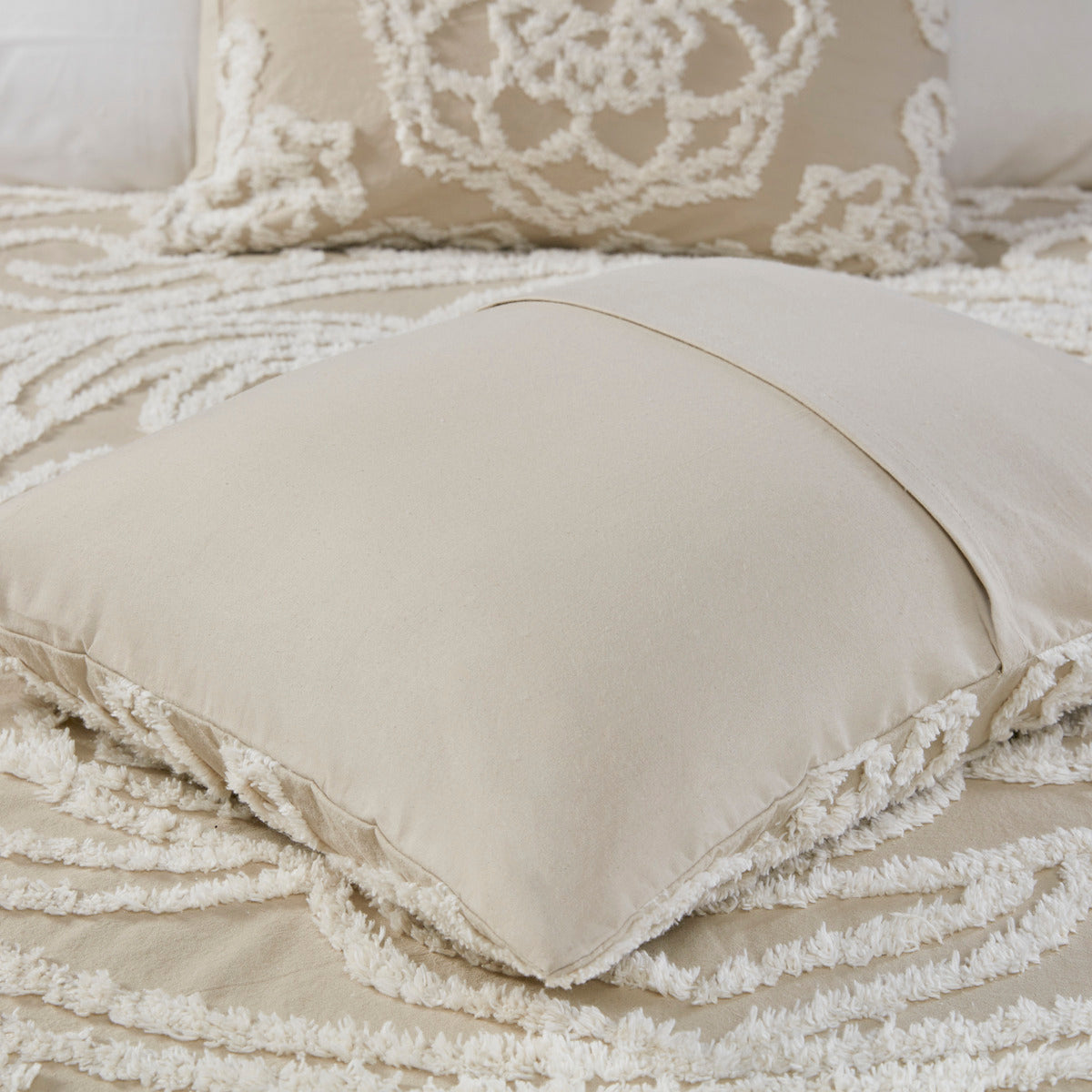 King/Cal King tufted cotton duvet in beige with chenille medallion accents and fringed edges on Tampa Home & Garden Store