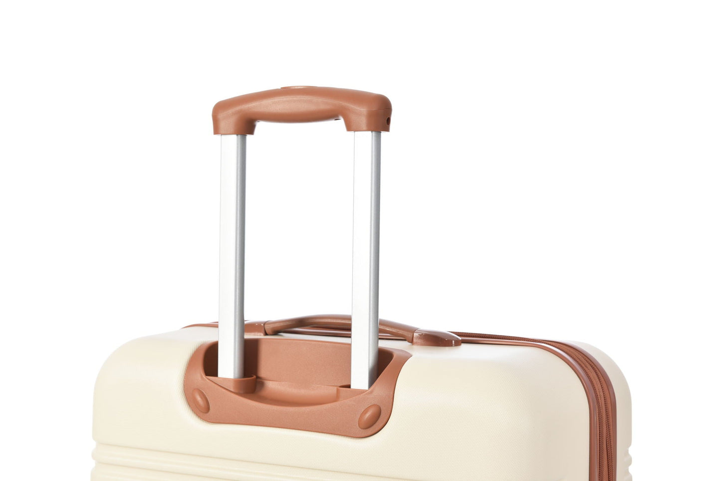 Beige hardshell spinner suitcase with brown trim and retractable silver handle 20/28 in on Tampa Home & Garden Store