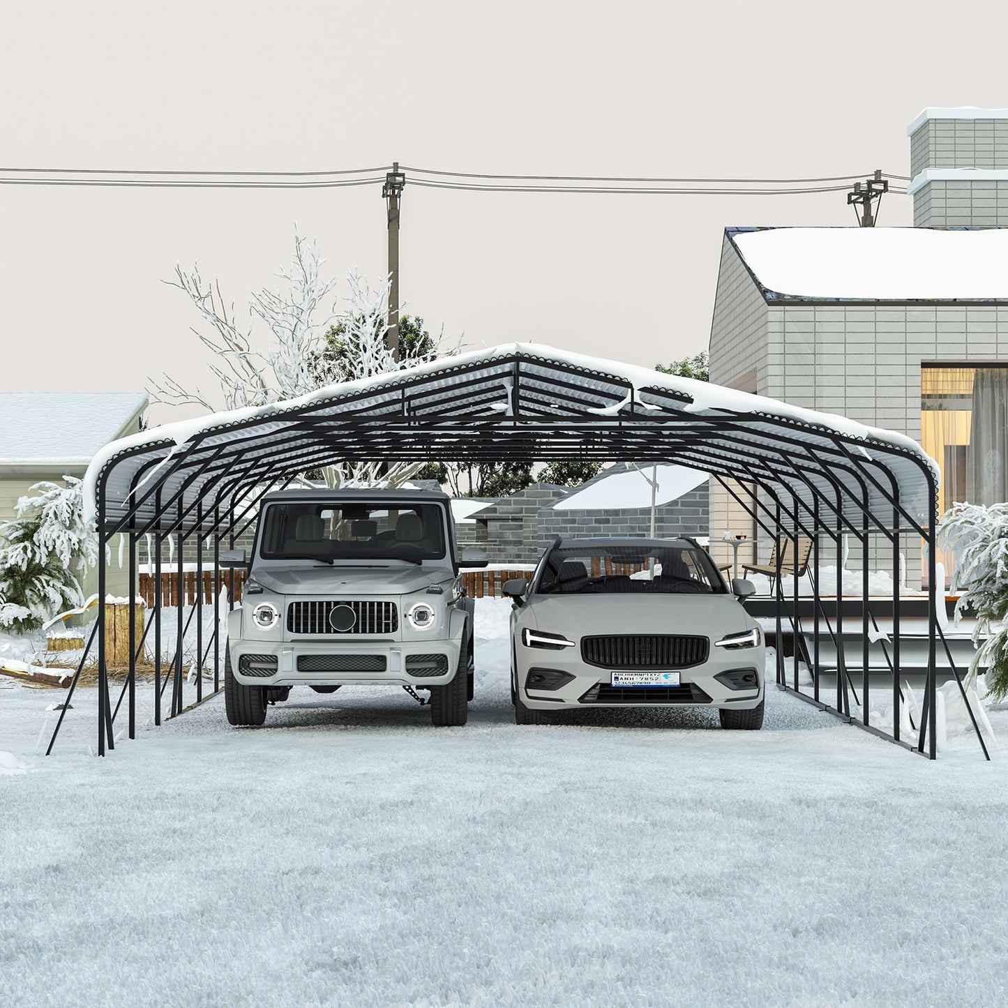 Heavy Duty Carport Canopy 20x30 by HouseOfZazla, black metal frame sheltering two cars in snow on Tampa Home & Garden Store