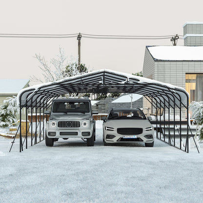 Heavy Duty Carport Canopy 20x30 by HouseOfZazla, black metal frame sheltering two cars in snow on Tampa Home & Garden Store