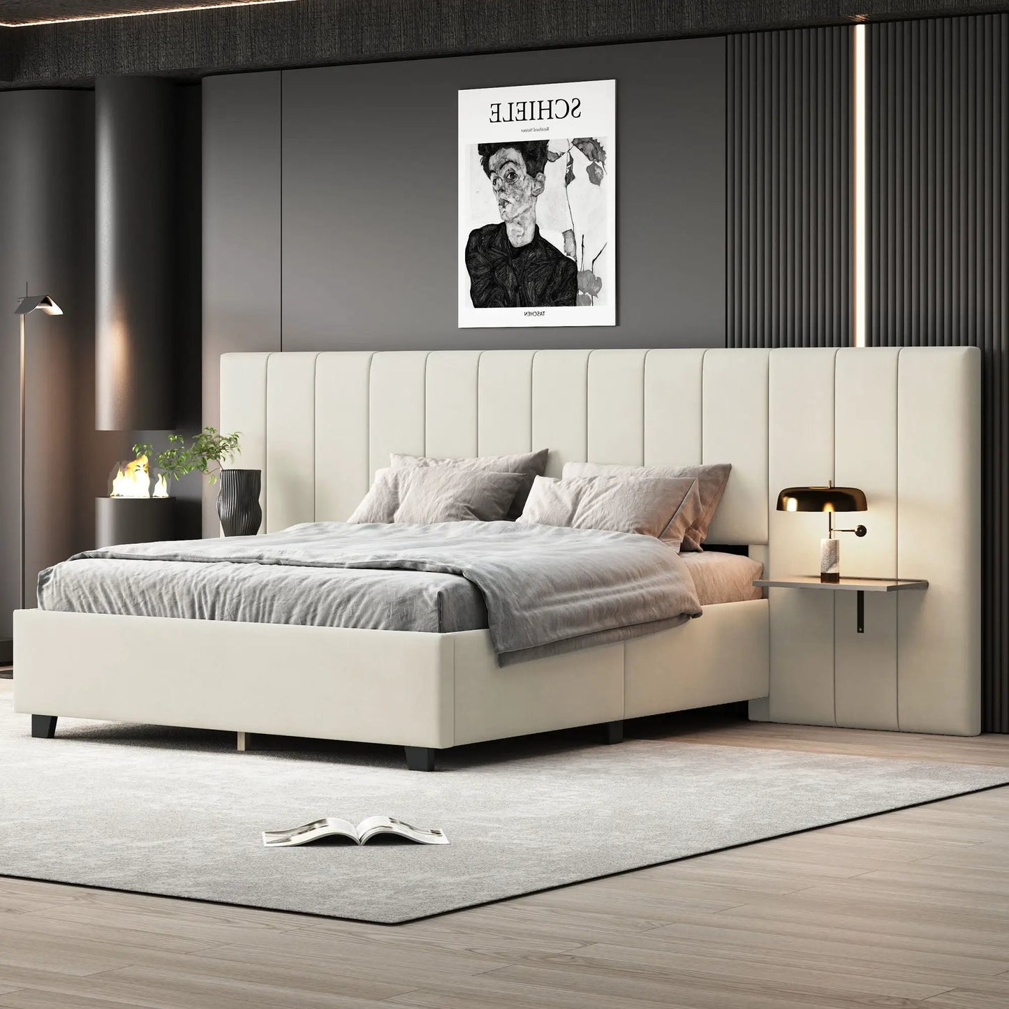Upholstered platform bed with a large cream headboard in a modern gray bedroom on Tampa Home & Garden Store