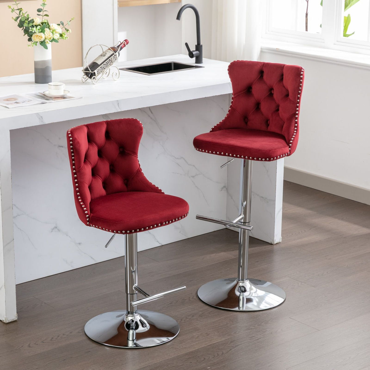 Swivel Adjustable Height Barstools set of 2 in red tufted upholstery, chrome pedestal bases on Tampa Home & Garden Store