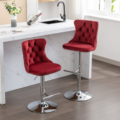 Swivel Adjustable Height Barstools set of 2 in red tufted upholstery, chrome pedestal bases on Tampa Home & Garden Store