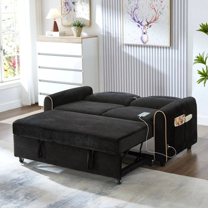 Pull-out sleeper loveseat in black fabric with adjustable backrest and USB ports in living room on Tampa Home & Garden Store