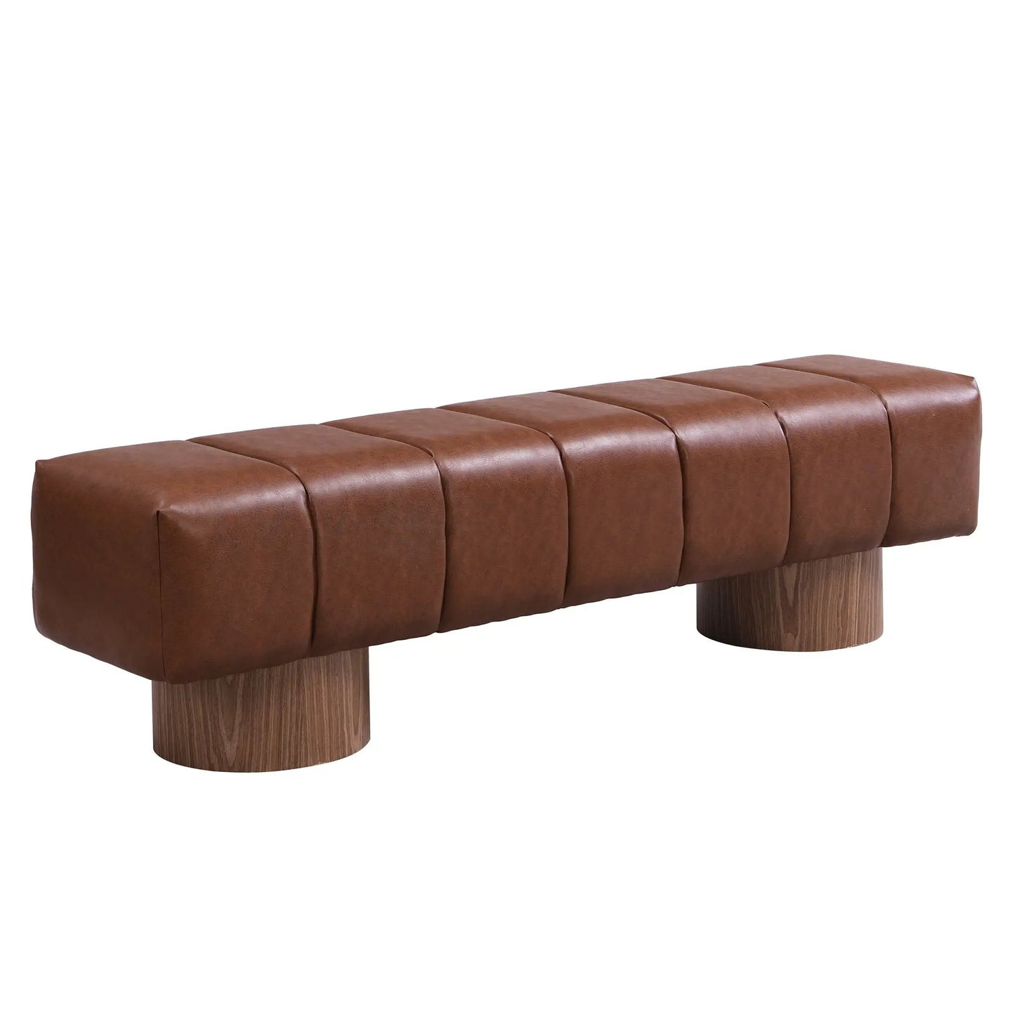 Upholstered dining bench in warm brown leather with tufted cushions and round wood legs on Tampa Home & Garden Store