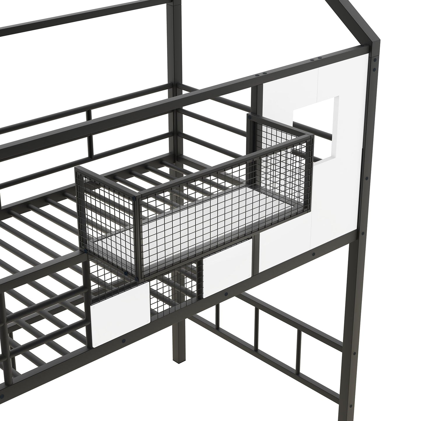 Dark gray metal loft bed frame with guardrails, integrated ladder and mesh storage basket on Tampa Home & Garden Store