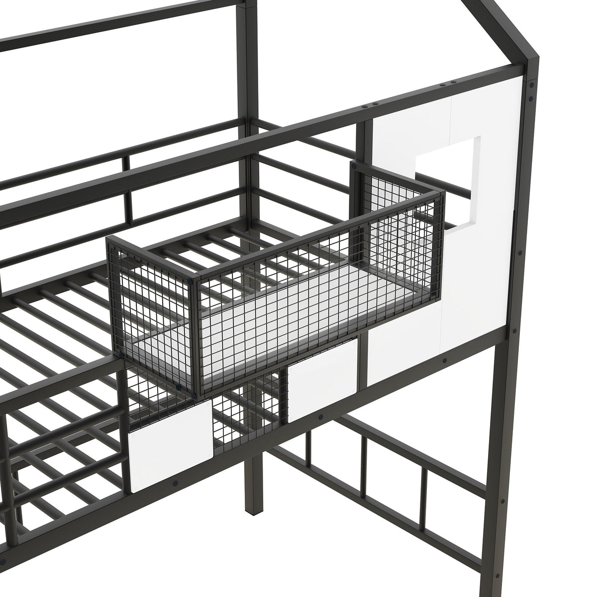 Dark gray metal loft bed frame with guardrails, integrated ladder and mesh storage basket on Tampa Home & Garden Store