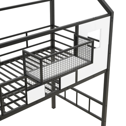 Dark gray metal loft bed frame with guardrails, integrated ladder and mesh storage basket on Tampa Home & Garden Store