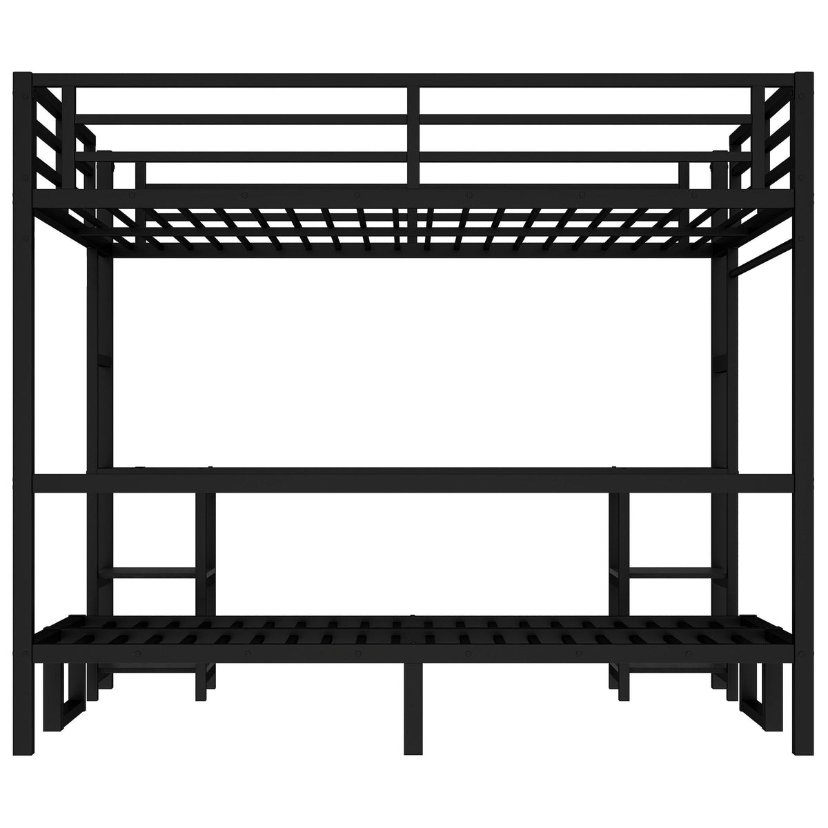 Queen over twin XL metal bunk bed with desk and shelves, black steel frame HouseOfZazla on Tampa Home & Garden Store