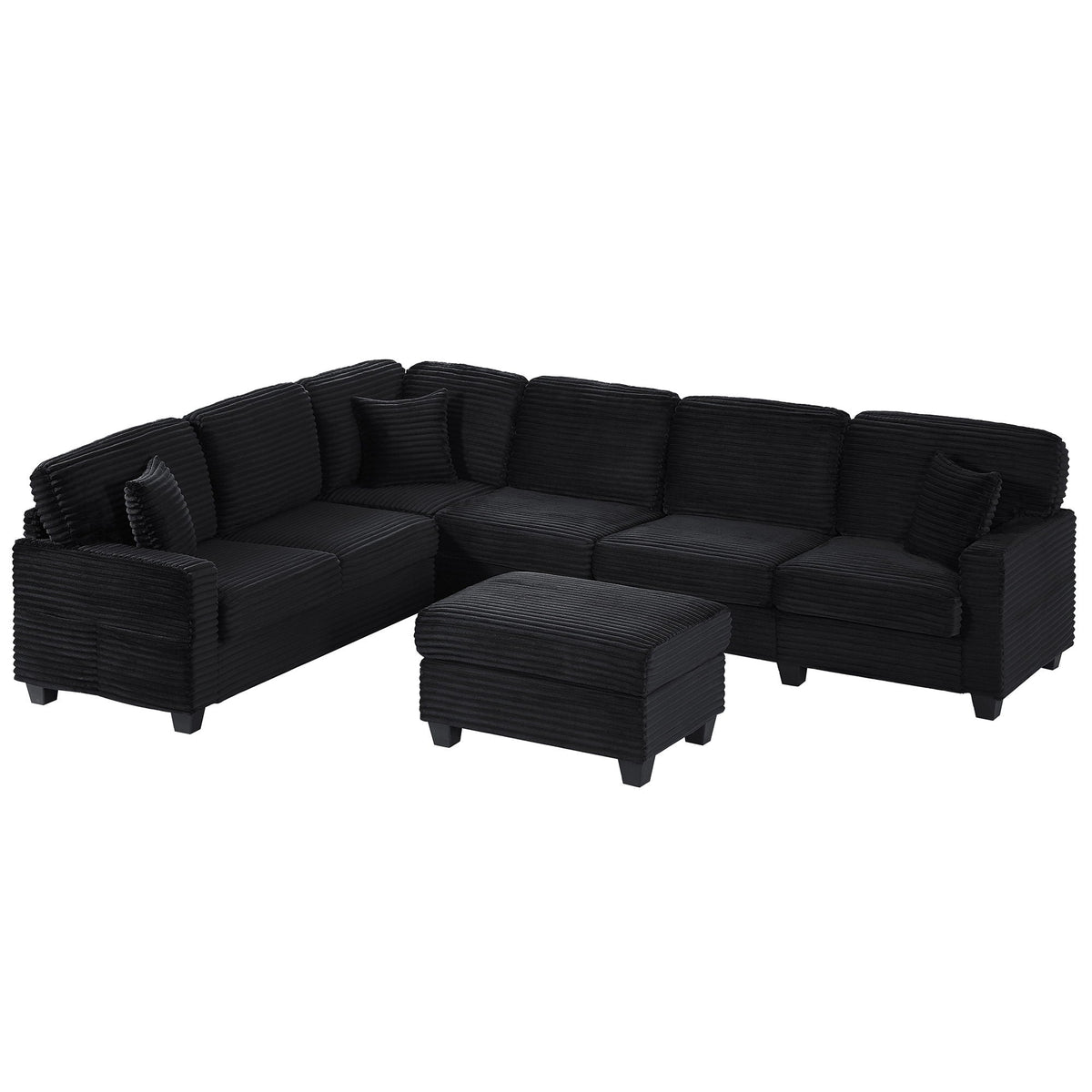 Upholstered U-Shaped sectional sofa with movable ottomans in black ribbed fabric, 2-piece living room set on Tampa Home & Garden Store