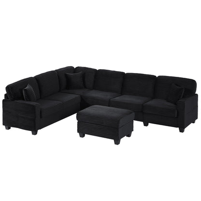 Upholstered U-Shaped sectional sofa with movable ottomans in black ribbed fabric, 2-piece living room set on Tampa Home & Garden Store