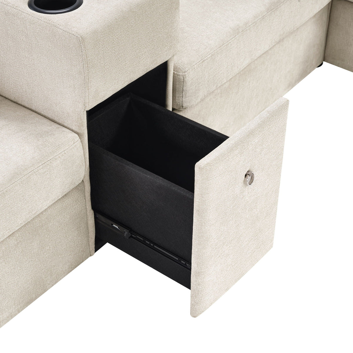 5-seat U-Shape sectional sofa with chaise, cup holders and storage drawer, beige fabric on Tampa Home & Garden Store
