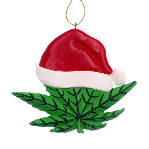 Adorno de hoja de cannabis con gorro de Papá Noel