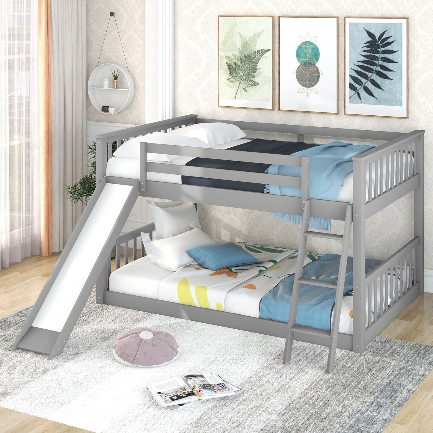 Bunk bed with convertible slide and ladder by HouseOfZazla, gray finish, 2 bunks, bedding on Tampa Home & Garden Store