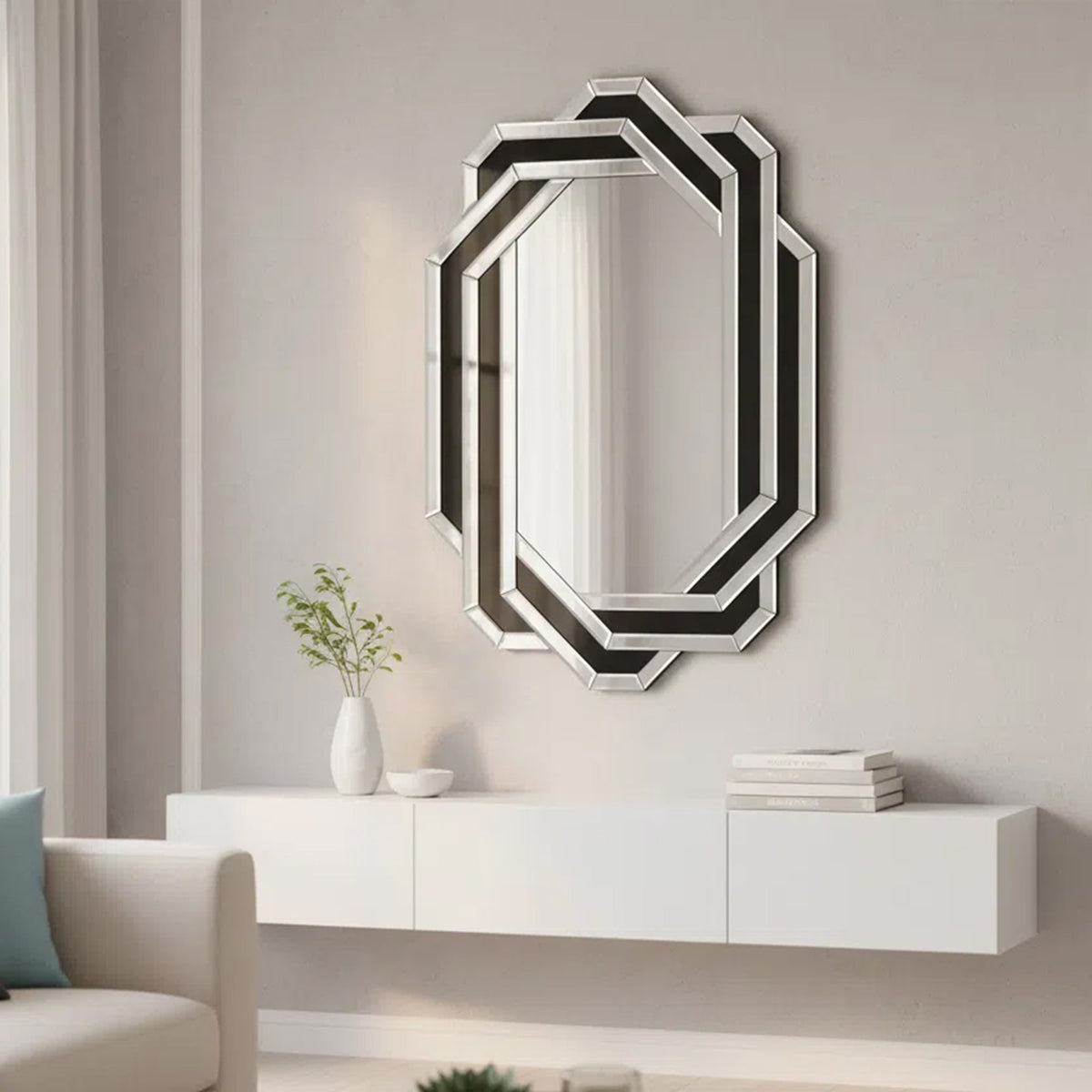 Modern decorative wall mirror with hexagonal frames in silver and black for bathroom vanity on Tampa Home & Garden Store